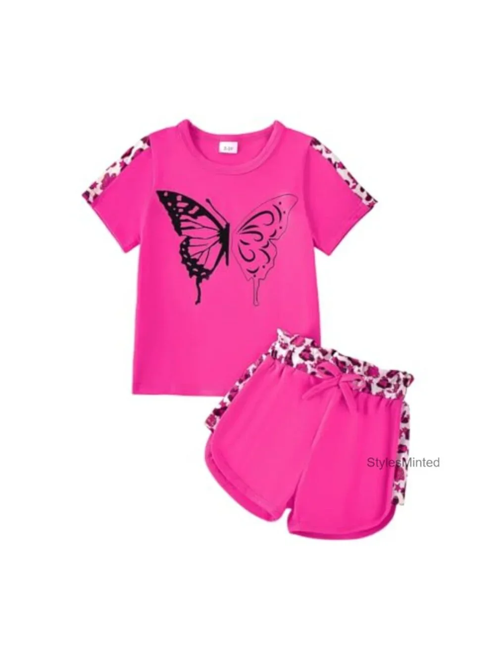 Toddler Girl 2PC Leopard Butterfly Top & Shorts Set Cotton Spandex
